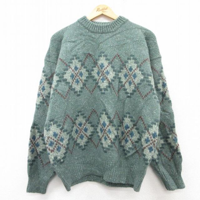 L★古着 エルエルビーン LLBEAN 長袖 セーター メンズ 80年代 80s ウール クルーネック 緑系他 グリーン 25feb04 中古 ニット トップス