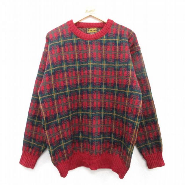 M★古着 エディーバウアー 長袖 セーター メンズ 90年代 90s ウール クルーネック USA製 赤他 レッド チェック 25feb04 中古 ニット トップス
