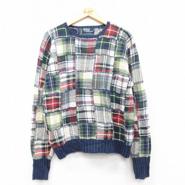M★古着 ラルフローレン Ralph Lauren 長袖 ブランド セーター メンズ 90年代 90s 手織り リネン クルーネック 紺他 ネイビー チェック 【spe】 25feb04 中古 ニット トップス
