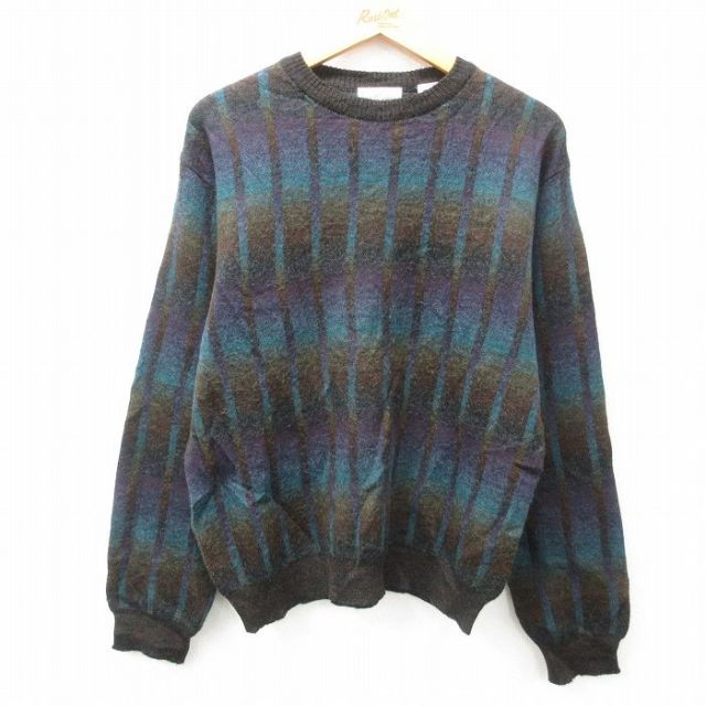 L★古着 長袖 セーター メンズ 00年代 00s ウール クルーネック 茶他 ブラウン ストライプ 25feb01 中古 ニット トップス