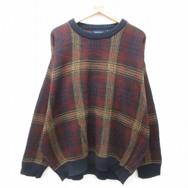 XL★古着 バンヒューセン 長袖 セーター メンズ 大きいサイズ アクリル クルーネック 濃紺他 ネイビー チェック 25feb01 中古 ニット トップス