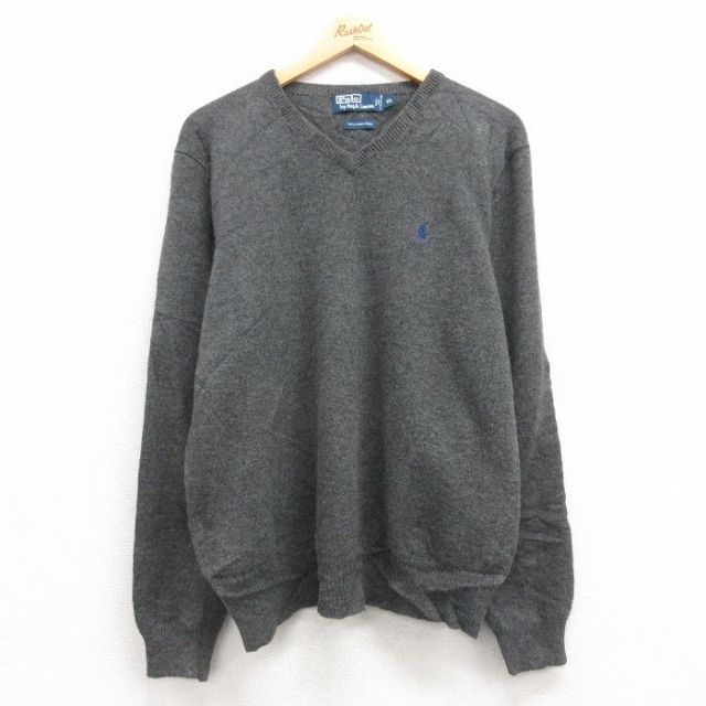 L★古着 ラルフローレン Ralph Lauren 長袖 ブランド セーター メンズ 90年代 90s ワンポイントロゴ ラムウール Vネック 濃グレー 25feb03 中古 ニット トップス