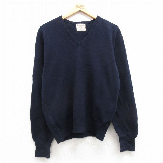 【50%OFF】M★古着 長袖 セーター メンズ 80年代 80s 無地 ラムウール Vネック イングランド製 紺 ネイビー 25feb03 中古 ニット トップス