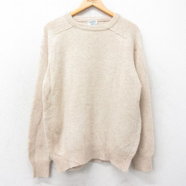 【50%OFF】L★古着 長袖 セーター メンズ 80年代 80s 無地 ウール クルーネック ベージュ カーキ 25feb03 中古 ニット トップス