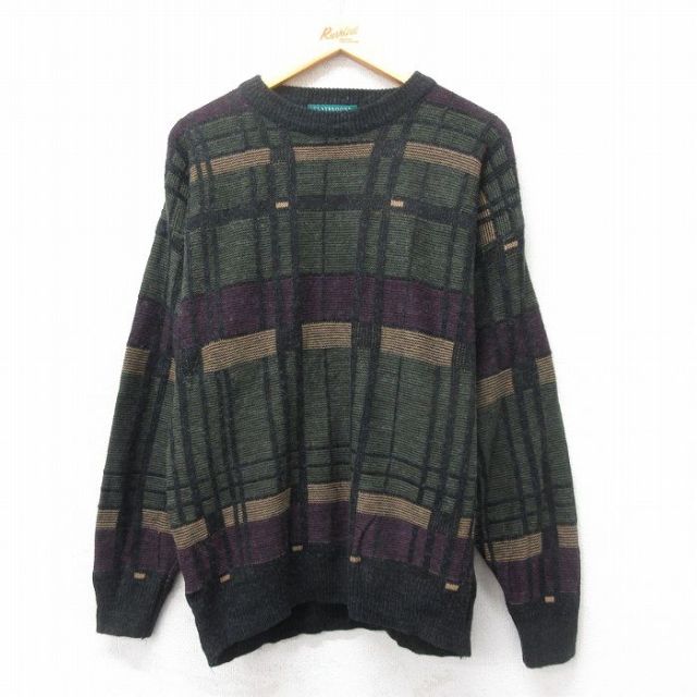 【50%OFF】L★古着 長袖 セーター メンズ 00年代 00s クルーネック 緑他 グリーン チェック 25feb03 中古 ニット トップス
