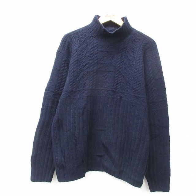 XL★古着 ラルフローレン Ralph Lauren 長袖 ブランド ケーブル セーター メンズ 90年代 90s 手編み ハンドニット ラムウール タートルネック ハイネック 紺 ネイビー 【spe】 25feb03 中古 ニット トップス