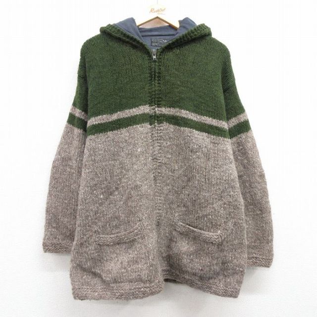 XL★古着 長袖 フルジップ ニット カーディガン パーカー メンズ 00年代 00s ウール 緑他 グリーン 内側フリース 25feb03 中古 トップス