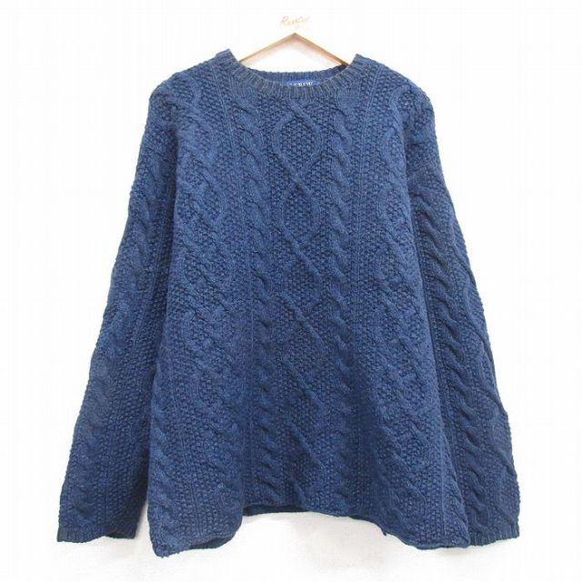L★古着 ジェイクルー J.CREW 長袖 ケーブル セーター メンズ ウール クルーネック 紺 ネイビー 25feb03 中古 ニット トップス
