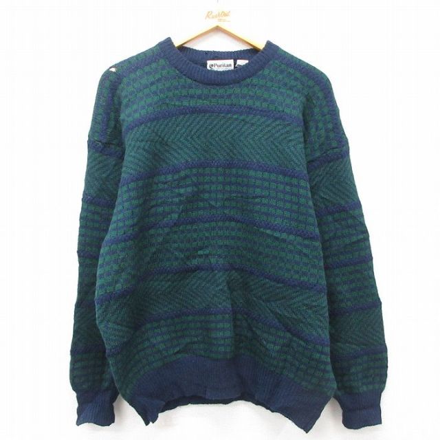 L★古着 ピューリタン 長袖 セーター メンズ 90年代 90s ウール クルーネック 緑他 グリーン 25feb03 中古 ニット トップス