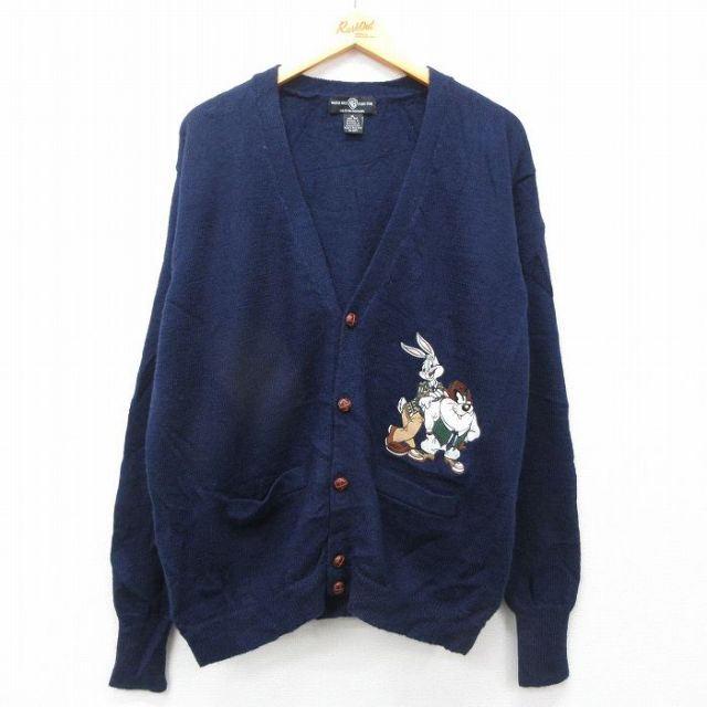 L★古着 長袖 ニット カーディガン メンズ 90年代 90s ルーニーテューンズ LOONEY TUNES バッグスバニー タズ クルーネック 紺 ネイビー 【spe】 25feb03 中古 トップス