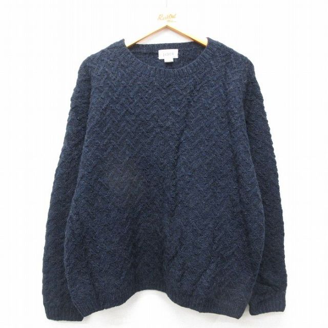 XL★古着 ジェイクルー J.CREW 長袖 セーター メンズ 00年代 00s 手編み ハンドニット ウール クルーネック 紺系 ネイビー 25feb03 中古 ニット トップス