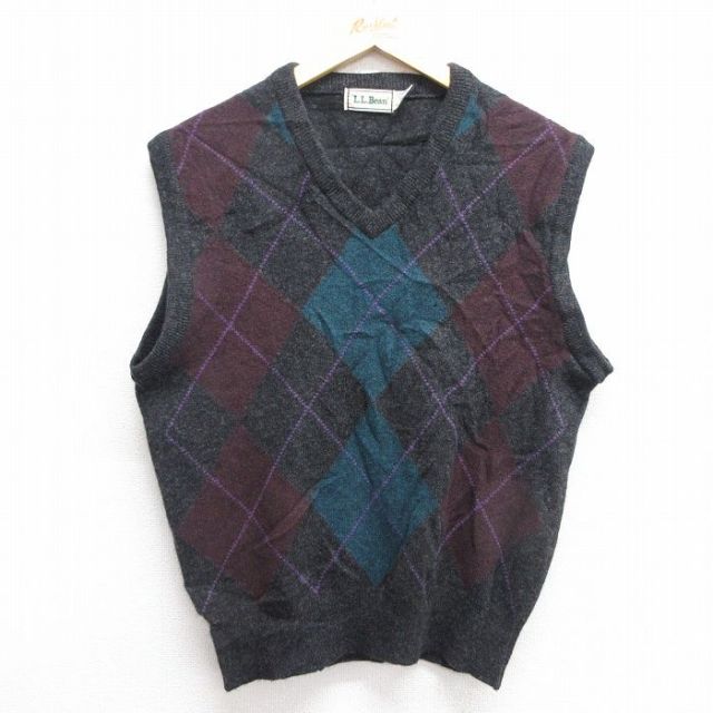 【50%OFF】M★古着 エルエルビーン LLBEAN ニット ベスト メンズ 80年代 80s アーガイル ラムウール Vネック スコットランド製 濃グレー 25feb04 中古 トップス