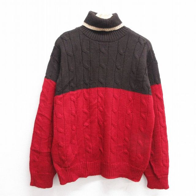 【50%OFF】L★古着 ジェイクルー J.CREW 長袖 ケーブル セーター メンズ 00年代 00s ウール タートルネック ハイネック 赤他 レッド 25feb04 中古 ニット トップス