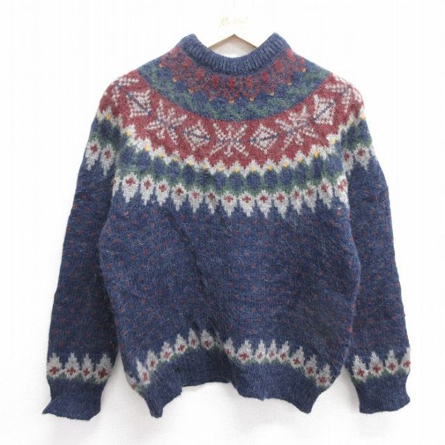 M★古着 ウールリッチ WOOLRICH 長袖 ノルディック セーター メンズ 90年代 90s 雪柄 ロパペイサ ウール モヘア モックネック ハイネック 紺 ネイビー 25feb04 中古 ニット トップス