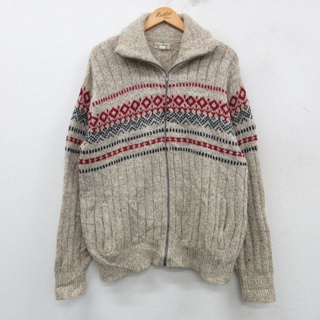 L★古着 エルエルビーン LLBEAN 長袖 フルジップ ニット カーディガン メンズ 80年代 80s ウール USA製 ベージュ カーキ 霜降り 25feb05 中古 トップス