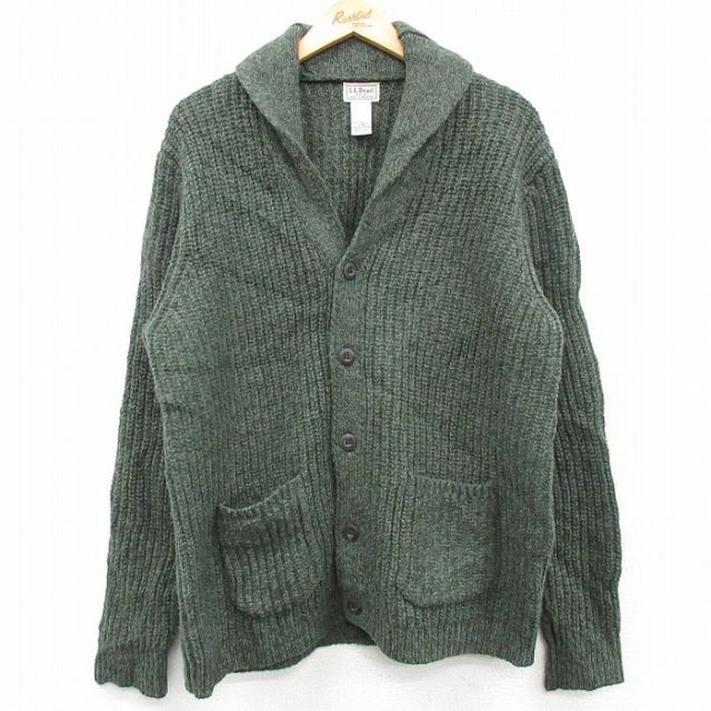 L★古着 エルエルビーン LLBEAN 長袖 ニット カーディガン メンズ 00年代 00s ラムウール 緑 グリーン 霜降り 25feb05 中古 トップス