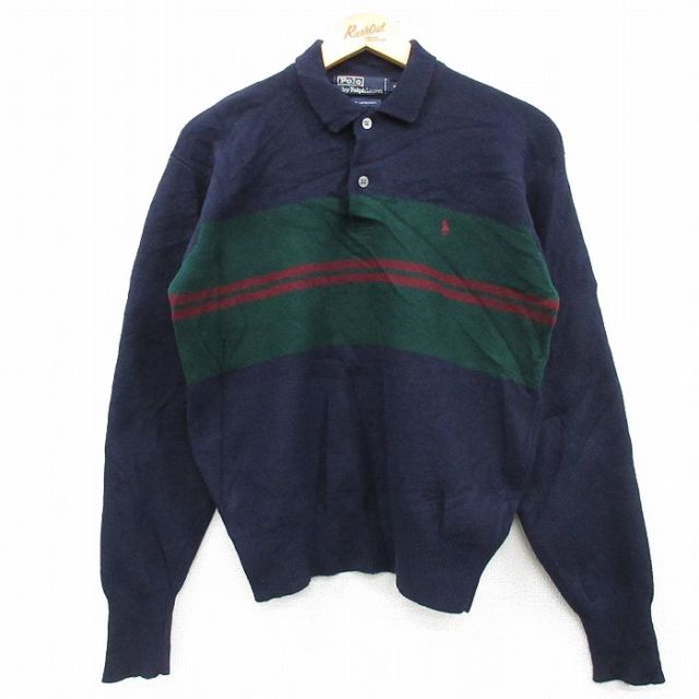 M★古着 ラルフローレン Ralph Lauren 長袖 ブランド セーター メンズ 90年代 90s ワンポイントロゴ ラムウール 濃紺他 ネイビー 【spe】 25feb05 中古 ニット トップス