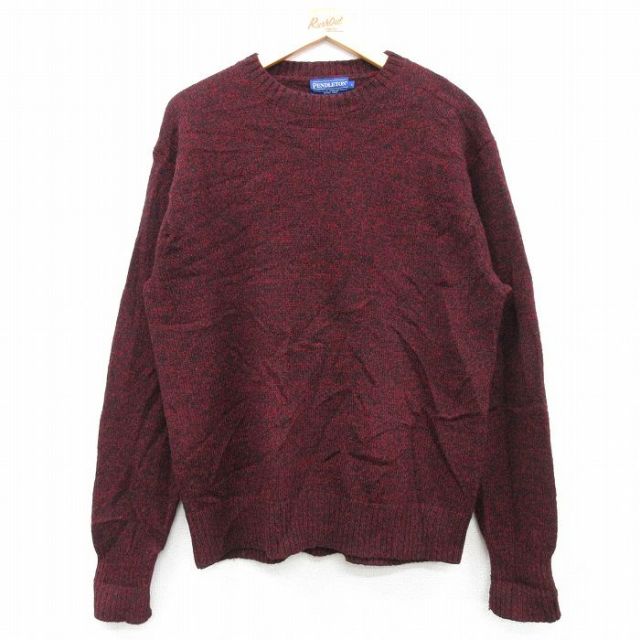 L★古着 ペンドルトン PENDLETON 長袖 セーター メンズ 無地 ウール クルーネック エンジ 霜降り 25feb05 中古 ニット トップス