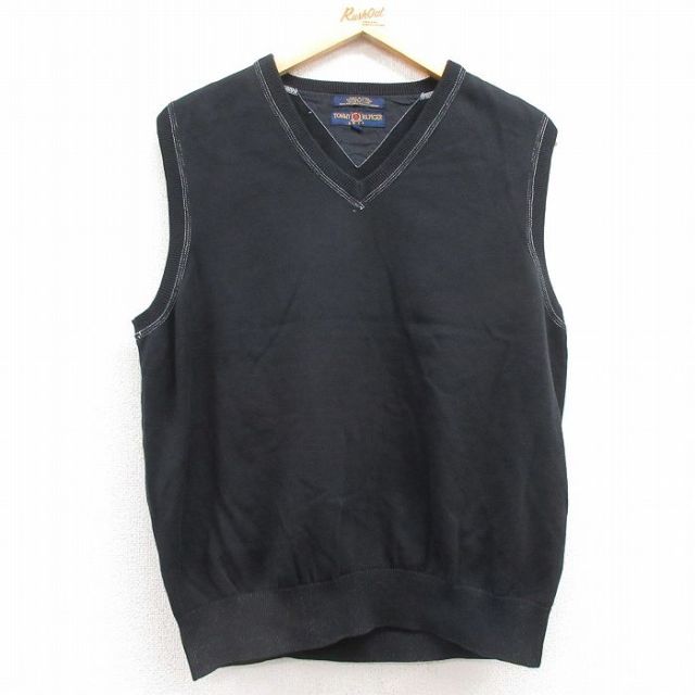 M★古着 トミーヒルフィガー TOMMY HILFIGER ゴルフ ブランド ニット ベスト メンズ コットン Vネック 黒 ブラック 25feb05 中古 トップス