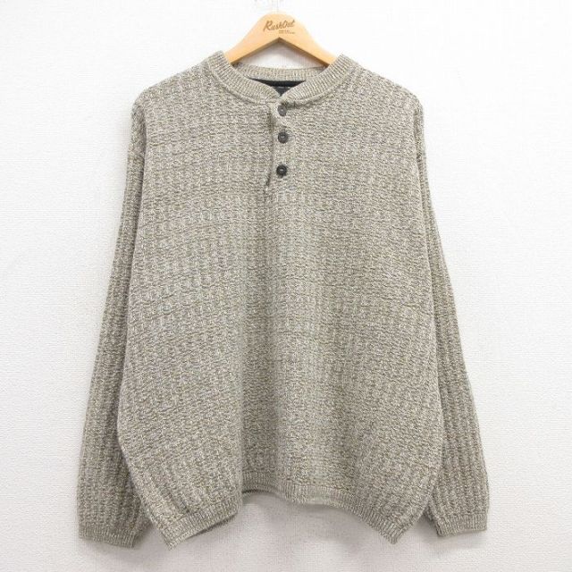 XL★古着 長袖 セーター メンズ 00年代 00s 手織り ヘンリーネック グレー他 25feb05 中古 ニット トップス
