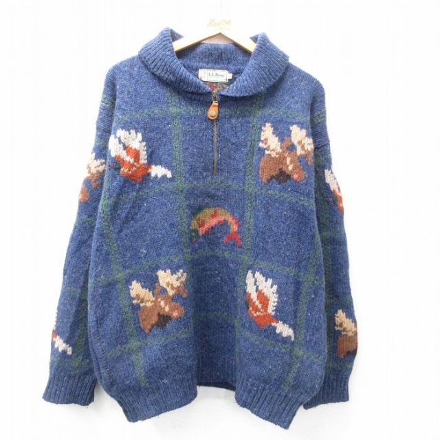 XL★古着 エルエルビーン LLBEAN 長袖 ハーフジップ セーター メンズ 80年代 80s 鳥 シカ 魚 ウール ショールカラー 紺他 ネイビー 【spe】 25feb05 中古 ニット トップス