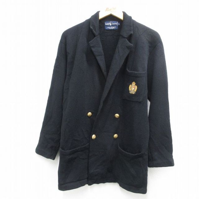 M★古着 ラルフローレン Ralph Lauren 長袖 ブランド ニット カーディガン メンズ 90年代 90s エンブレム ラムウール 黒 ブラック 【spe】 25feb05 中古 トップス