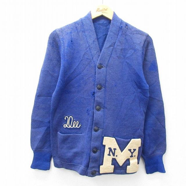 S★古着 長袖 ビンテージ レタード ニット カーディガン メンズ 60年代 60s M ウール 青 ブルー 25feb05 中古 トップス