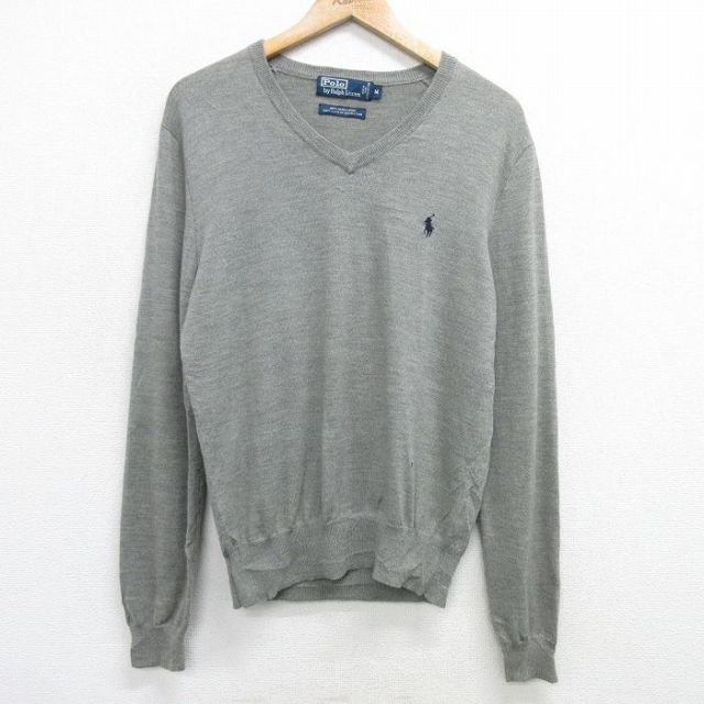 M★古着 ラルフローレン Ralph Lauren 長袖 ブランド セーター メンズ 90年代 90s ワンポイントロゴ メリノウール Vネック グレー 霜降り 25feb06 中古 ニット トップス