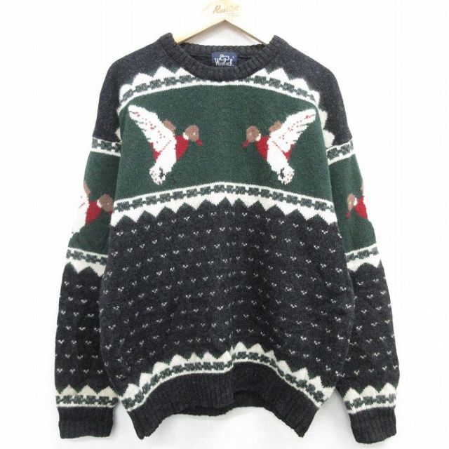 XL★古着 ウールリッチ WOOLRICH 長袖 セーター メンズ 90年代 90s 鳥 バーズアイ ウール クルーネック 黒他 ブラック 霜降り 【spe】 25feb06 中古 ニット トップス