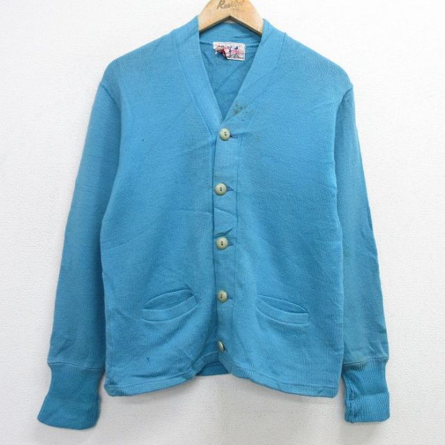 S★古着 長袖 レタード ニット カーディガン メンズ 80年代 80s 無地 ウール 水色 25feb06 中古 トップス