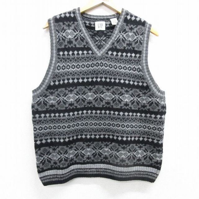 L★古着 ギャップ GAP ノルディック ニット ベスト メンズ 00年代 00s 雪柄 フェアアイル ウール Vネック 黒他 ブラック 25feb06 中古 トップス