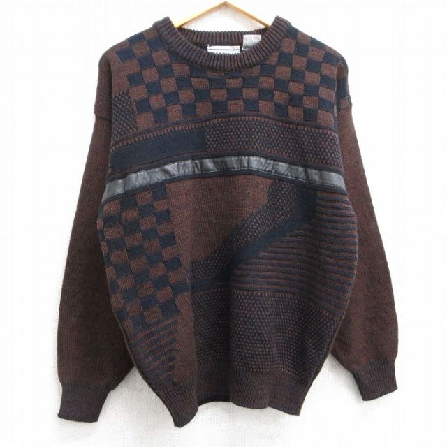M★古着 長袖 セーター メンズ 90年代 90s レザー使用 アクリル クルーネック 茶他 ブラウン 25feb06 中古 ニット トップス