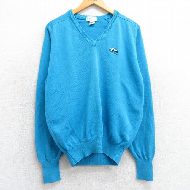 L★古着 IZOD 長袖 セーター メンズ 90年代 90s ヨット ラグラン コットン Vネック USA製 水色 25feb06 中古 ニット トップス