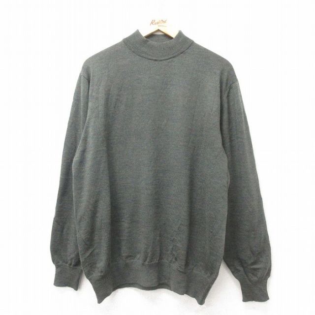 【50%OFF】L★古着 長袖 セーター メンズ 90年代 90s 無地 ウール ハイネック モックネック イタリア製 濃緑 グリーン 25feb08 中古 ニット トップス