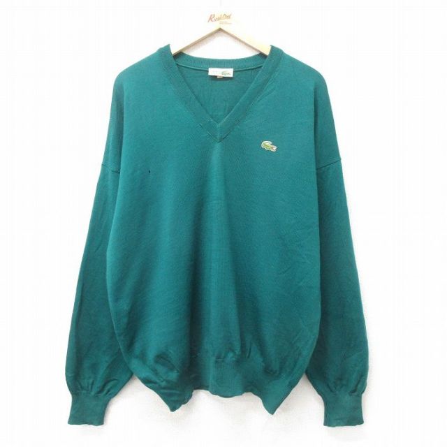 XL★古着 ラコステ LACOSTE 長袖 ブランド セーター メンズ 80年代 80s ワンポイントロゴ ウール Vネック フランス製 緑 グリーン 25feb08 中古 ニット トップス