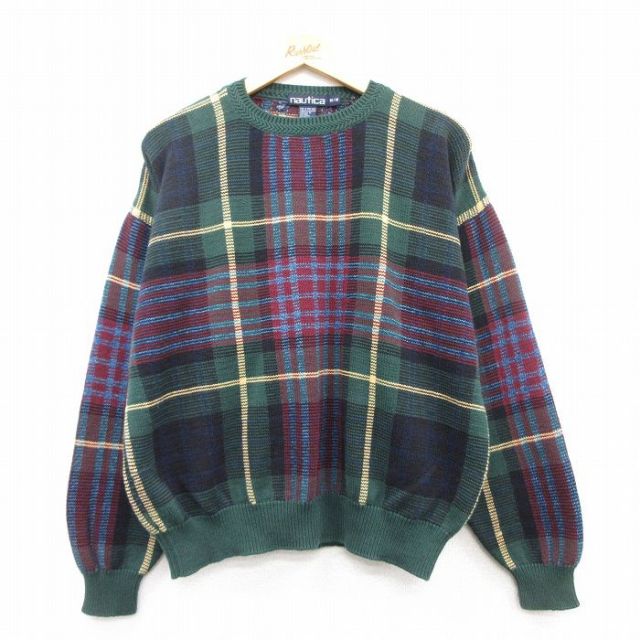 XL★古着 ノーティカ NAUTICA 長袖 ブランド セーター メンズ 90年代 90s コットン クルーネック 緑他 グリーン チェック 【spe】 25feb08 中古 ニット トップス
