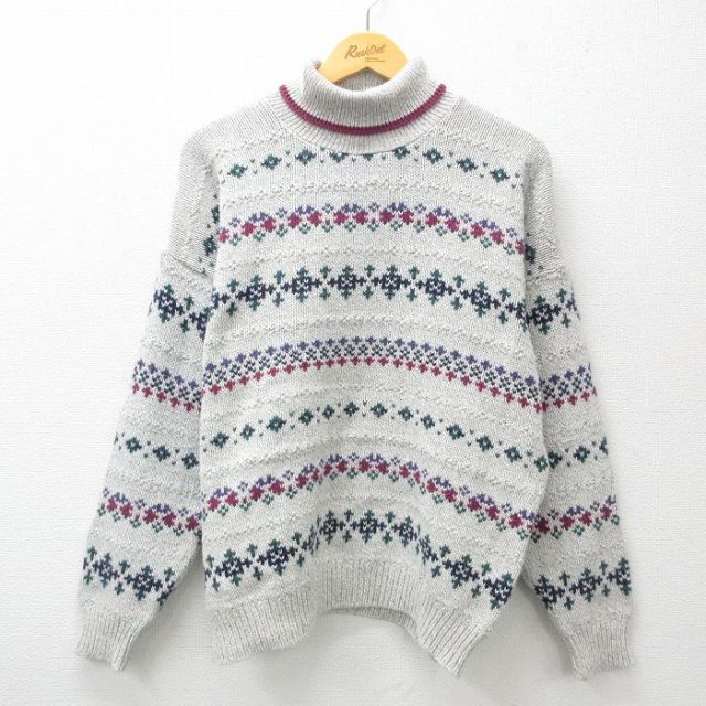 【50%OFF】L★古着 長袖 セーター メンズ 90年代 90s タートルネック ハイネック グレー他 霜降り 25feb08 中古 ニット トップス
