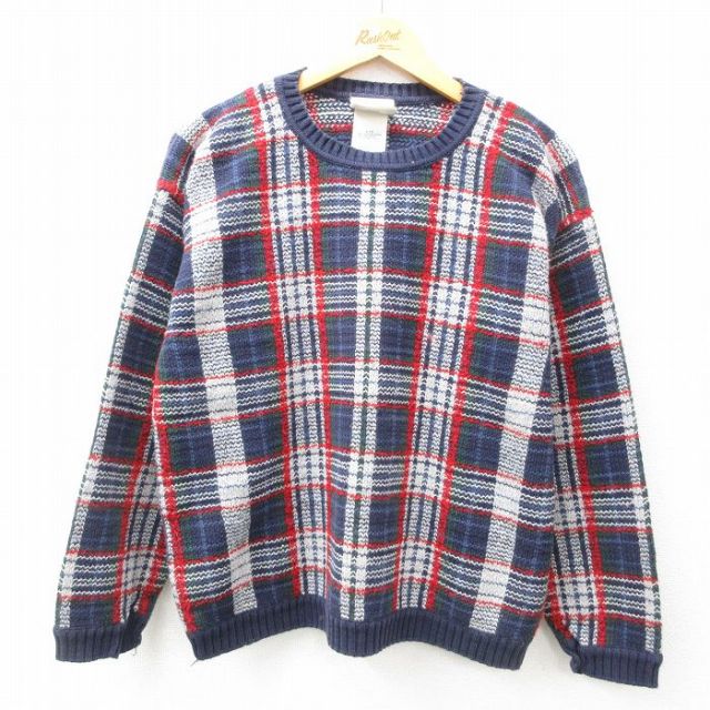 【50%OFF】M★古着 長袖 セーター メンズ 00年代 00s クルーネック 紺他 ネイビー チェック 25feb08 中古 ニット トップス