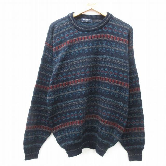 M★古着 バンヒューセン 長袖 セーター メンズ 90年代 90s フェアアイル アクリル クルーネック 紺他 ネイビー 25feb08 中古 ニット トップス