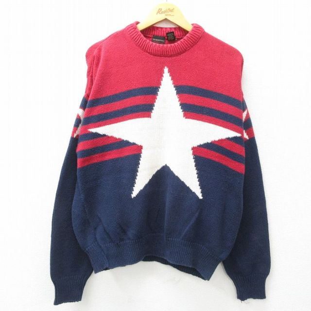 【50%OFF】XL★古着 長袖 セーター メンズ 90年代 90s 星 コットン クルーネック USA製 紺他 ネイビー 【spe】 25feb08 中古 ニット トップス