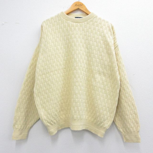 XL★古着 バンヒューセン 長袖 セーター メンズ 90年代 90s 大きいサイズ コットン クルーネック USA製 薄ベージュ カーキ 25feb08 中古 ニット トップス