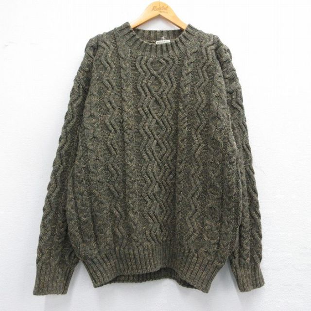 XL★古着 バナナリパブリック BANANA REPUBLIC 長袖 ケーブル セーター メンズ 80年代 80s コットン クルーネック 濃緑他 グリーン 【spe】 25feb08 中古 ニット トップス