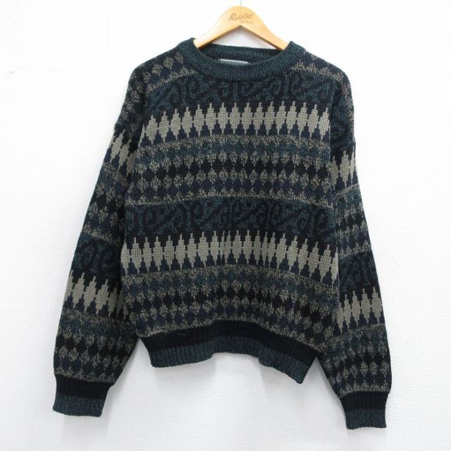 L★古着 長袖 セーター メンズ 90年代 90s アクリル クルーネック 紺他 ネイビー 25feb08 中古 ニット トップス