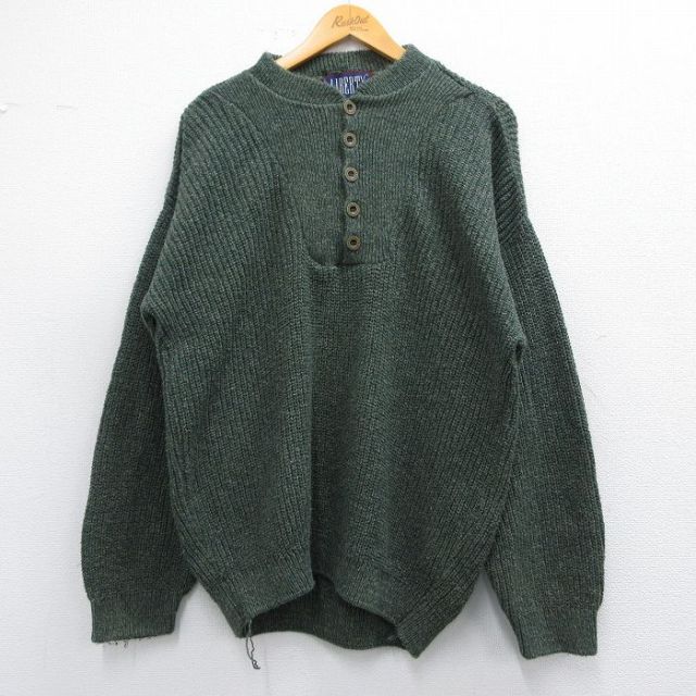 L★古着 リバティ 長袖 セーター メンズ 90年代 90s ヘンリーネック USA製 濃緑他 グリーン 25feb08 中古 ニット トップス
