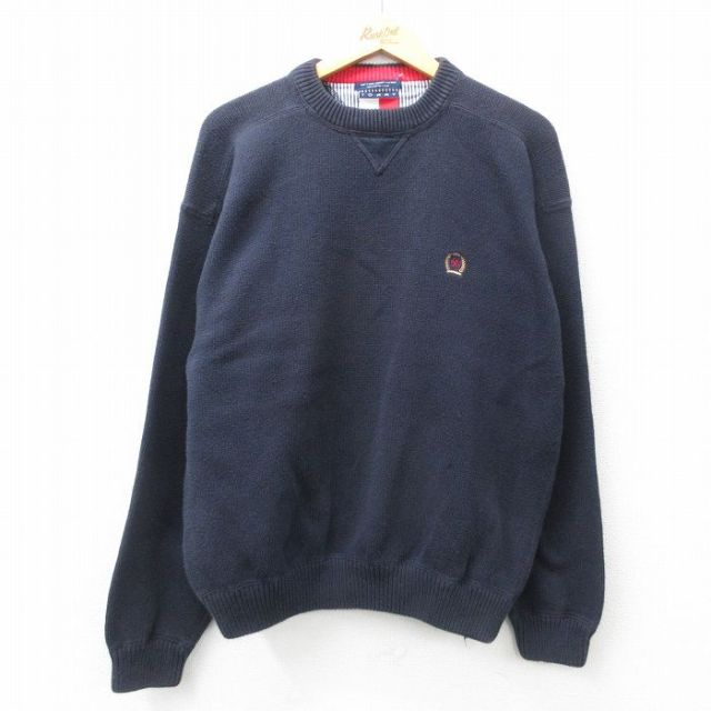 XL★古着 トミーヒルフィガー TOMMY HILFIGER 長袖 ブランド セーター メンズ 90年代 90s ワンポイントロゴ 大きいサイズ コットン クルーネック 紺 ネイビー 【spe】 25feb12 中古 ニット トップス