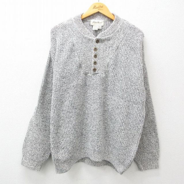 XL★古着 エディーバウアー 長袖 セーター メンズ 90年代 90s 大きいサイズ コットン ヘンリーネック USA製 薄グレー 【spe】 25feb12 中古 ニット トップス