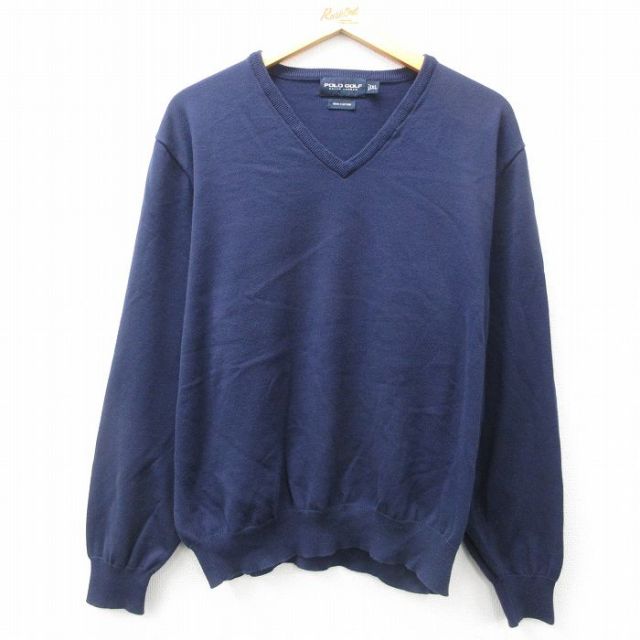 XL★古着 ラルフローレン Ralph Lauren ポロゴルフ 長袖 ブランド セーター メンズ 90年代 90s コットン Vネック 紺 ネイビー 25feb12 中古 ニット トップス