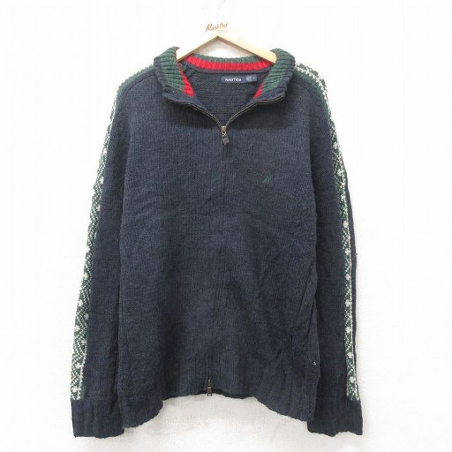 XL★古着 ノーティカ NAUTICA 長袖 ブランド フルジップ ニット カーディガン メンズ ワンポイントロゴ 紺 ネイビー 25feb12 中古 トップス