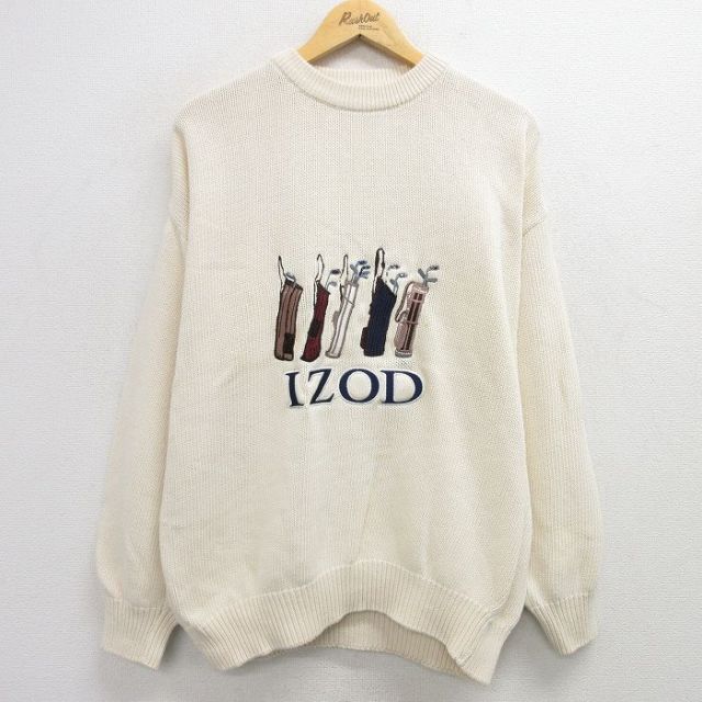 【50%OFF】XL★古着 IZOD 長袖 セーター メンズ 90年代 90s ビッグロゴ ゴルフ 刺繍 大きいサイズ コットン クルーネック 白 ホワイト 25feb13 中古 ニット トップス