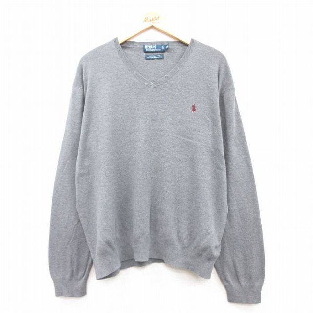 XL★古着 ラルフローレン Ralph Lauren 長袖 ブランド セーター メンズ 90年代 90s ワンポイントロゴ 大きいサイズ コットン Vネック グレー 霜降り 25feb13 中古 ニット トップス